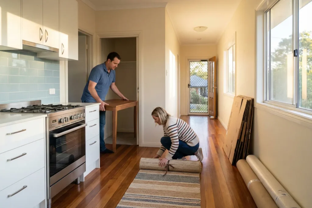 A husband and wife clear furniture and roll up a hallway rug to prepare their home for an oven delivery. The existing gas oven remains in place while they organise access for the installer.