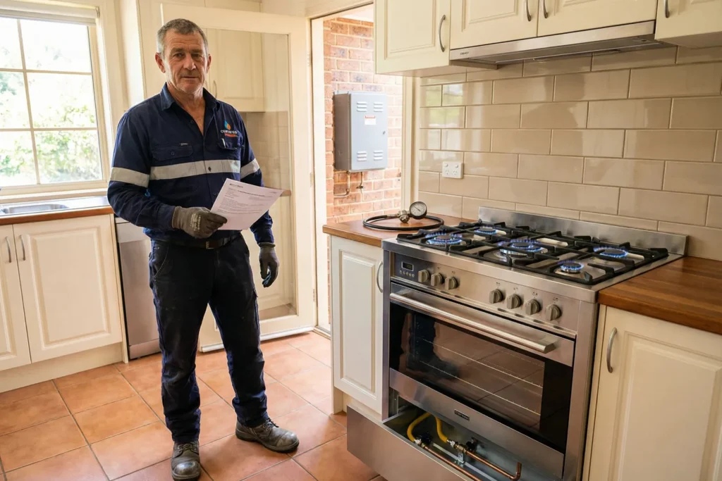 A licensed male gasfitter stands beside a newly installed gas oven and holds a compliance certificate in a suburban kitchen. The steady blue burner flames show the appliance is ready after the homeowner chose to replace gas oven equipment legally and safely.