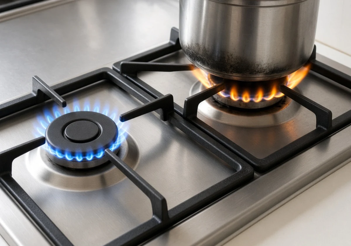 Close-up photograph of a gas cooktop with the left burner displaying