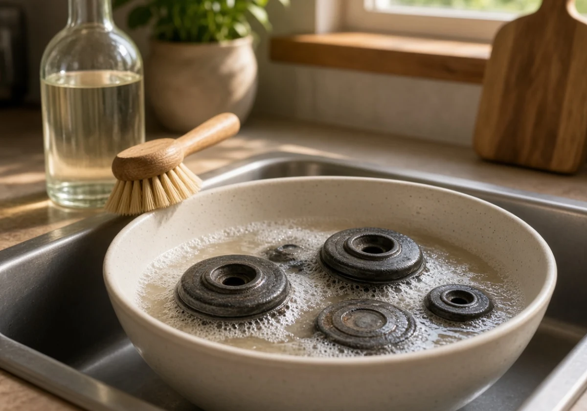 Gas stove burner caps soaking in a ceramic bowl of warm soapy water