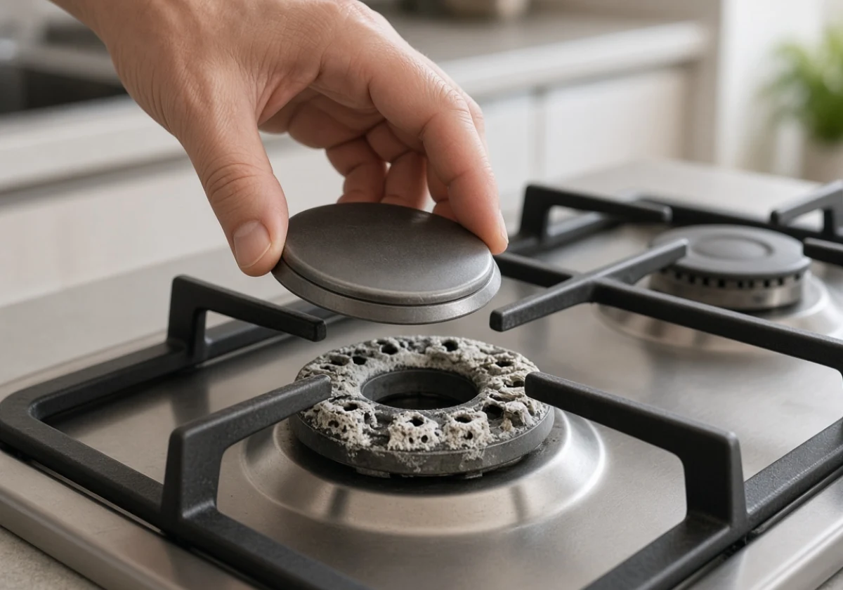 Hands lifting a metal burner cap off a residential gas cooktop
