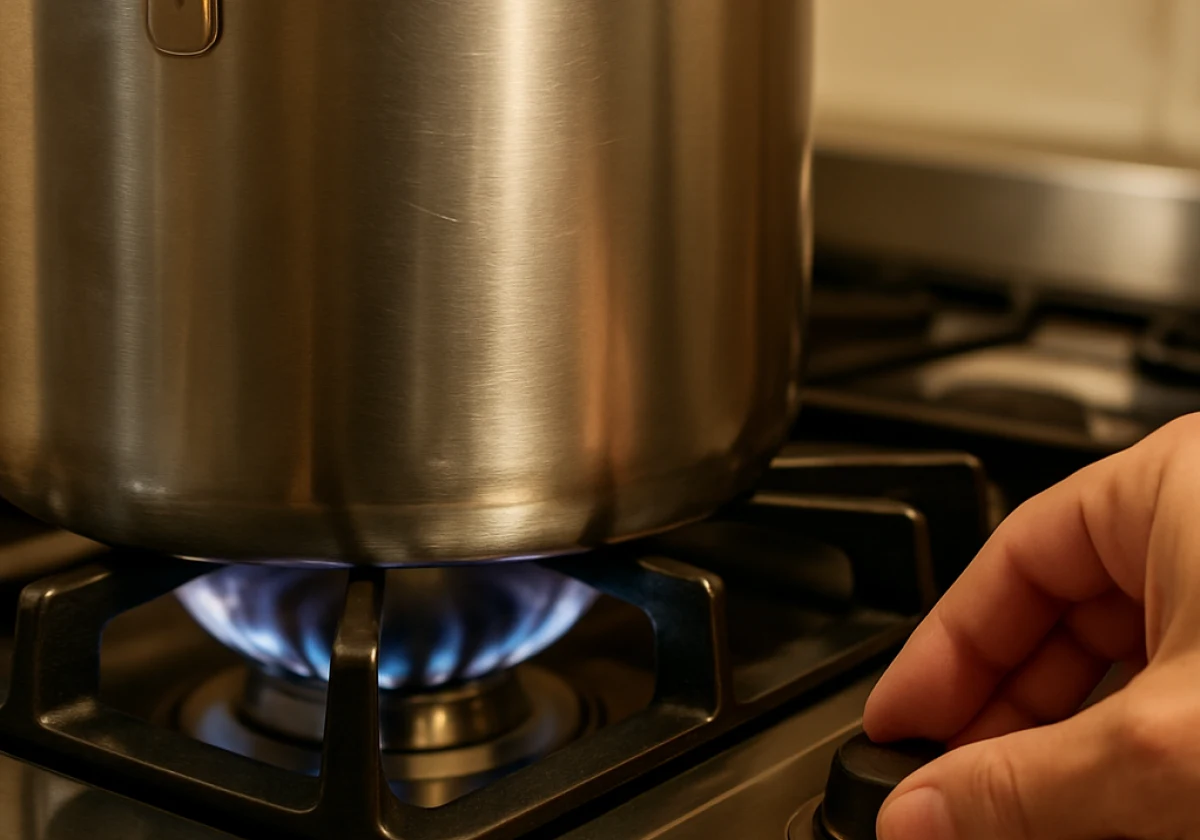 Stovetop burner with a cast iron trivets holding a heavy stainless