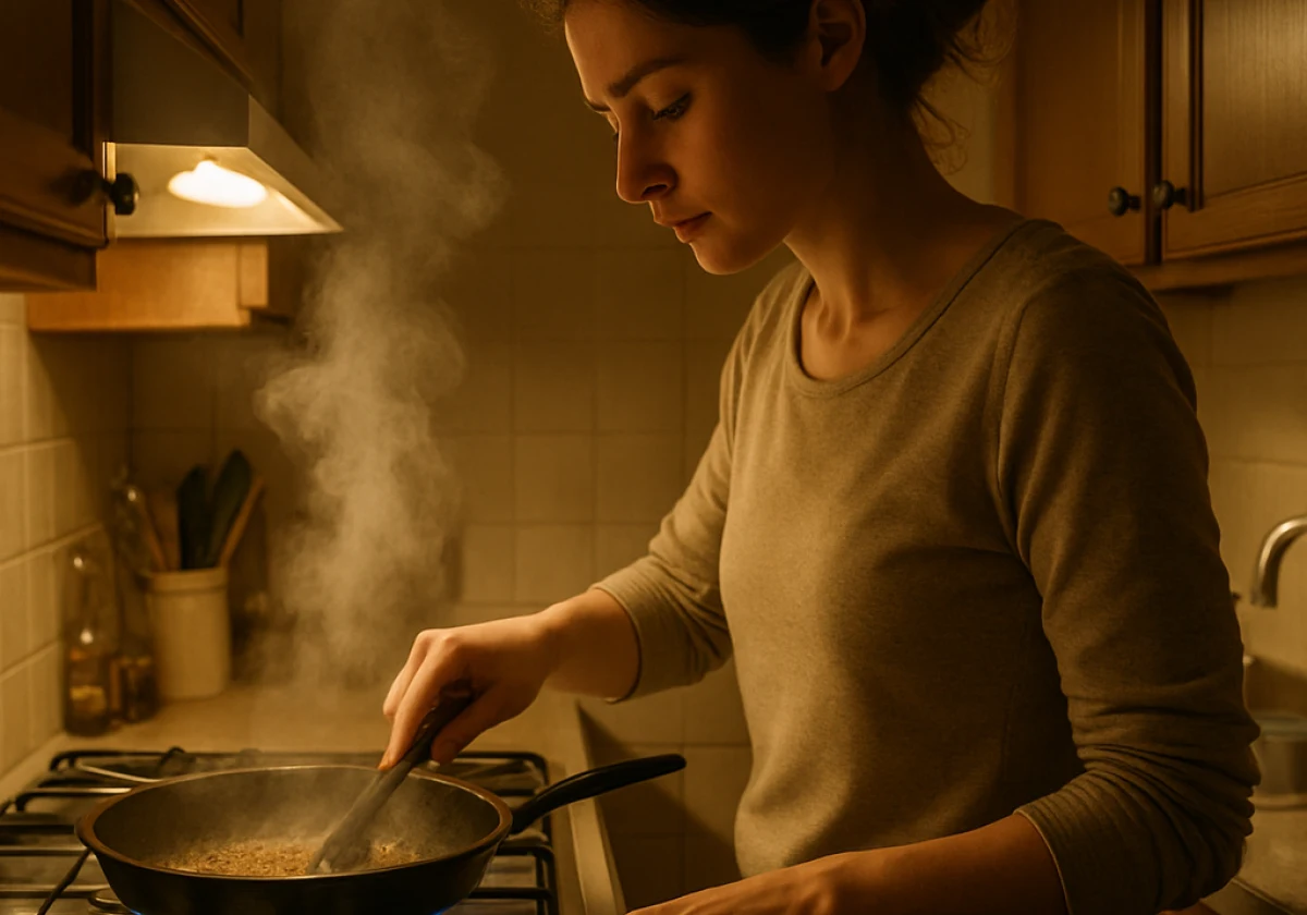 Woman cooking in a narrow galley kitchen with a gas cooktop